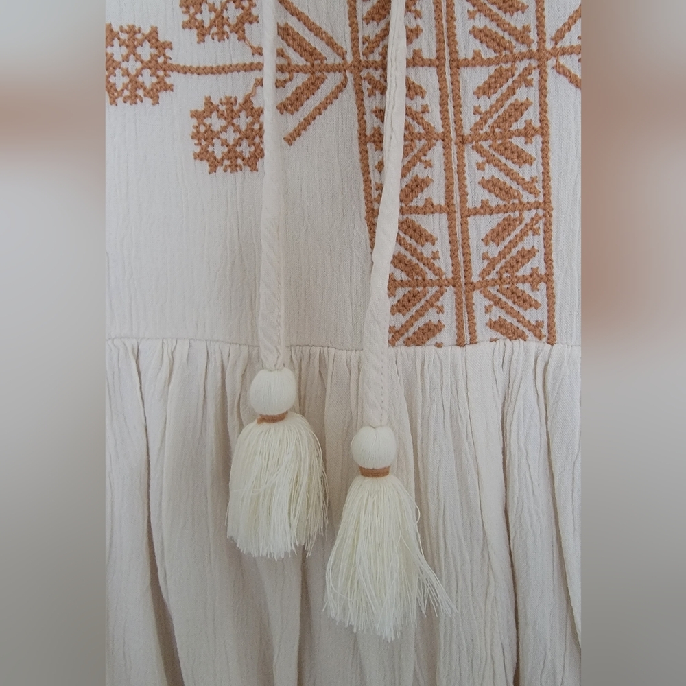 Boho Embroidered Tassel Peasant Top in Cream with Tan Stitching